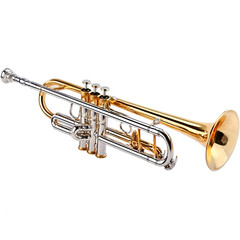 Obraz premium A close-up view of a shiny brass trumpet shining in the light, perfect for music lovers and instrument enthusiasts.
