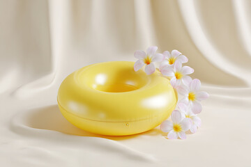 A soft yellow pool float is adorned with white flowers, against a background of draped cream-colored silk. Summer vacation vibes.