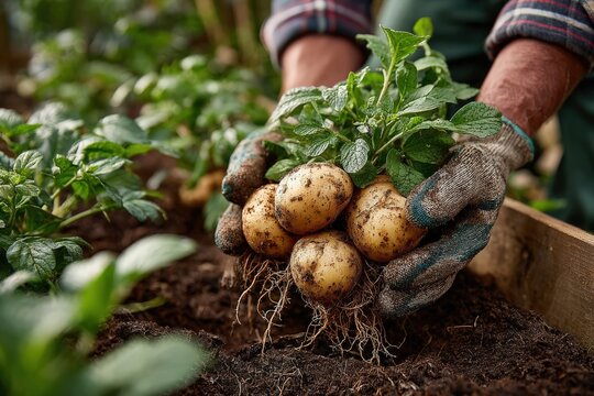 Hands holding freshly harvested potatoes with green leaves, showcasing the connection between agriculture and nature in a vibrant garden setting