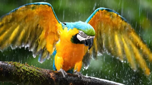 A Colorful Parrot in the Rain Spreading Its Wings
