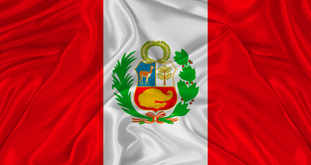 Fototapeta premium Flag of Peru with cloth texture. Close up of Peru flag waving