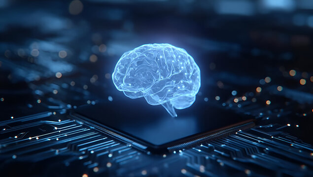 A glowing brain on a circuit board symbolizes artificial intelligence and advanced technology.