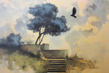 a painting of a tree and stairs with a bird flying by