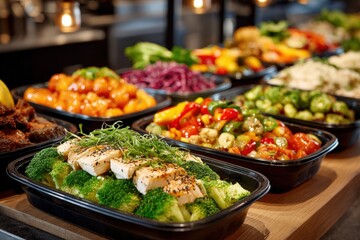 Colorful assortment of fresh vegetables and grilled chicken displayed in black trays on wooden surface, showcasing healthy eating options and vibrant culinary presentation