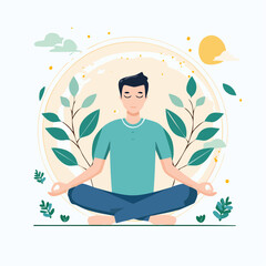 Serene man meditating peacefully in lotus pose surrounded by calming nature elements and soft light