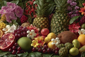 Vibrant arrangement of assorted tropical fruits and colorful flowers, showcasing a rich variety of textures and colors, creating a visually appealing and fresh atmosphere