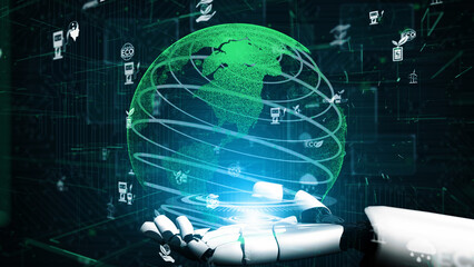 A futuristic robot hand supports a glowing digital globe, representing green energy and technology, highlighting global connectivity and eco-friendly innovation. Xenic