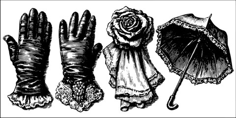 Vintage engravings in a set featuring gloves, a rose, and an umbrella. Black outline vector illustrations represent classic fashion accessories.