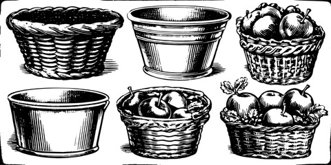 Vintage engraved basket set featuring detailed fruits. Hand-drawn vector illustration suitable for decorative purposes.