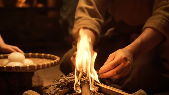 Traditional Assamese Pitha Preparation for Magh Bihu Festival Celebration with Rice Cakes on Woven Basket