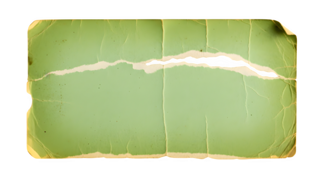 Old green paper texture with cracks and torn edges isolated on transparent background
