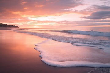 Serene beach at sunset, soft waves washing onto the shore, warm golden and pink hues filling the sky