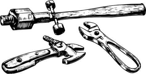 Illustration of tools featuring a wrench and mechanical equipment. Vintage engraving style drawing vector graphic emphasizes detail and craftsmanship.