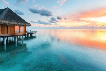 Over water bungalows in the Maldives, crystal-clear turquoise ocean, sunset reflecting on the water, dreamy vacation vibes