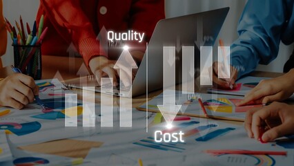 A dynamic business meeting focuses on quality enhancement and cost-effective strategies, illustrated by vibrant graphs and collaborative teamwork in a modern workspace. Raster