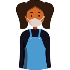 Young Woman Wearing A Face Mask And A Blue Apron Over A Dark Top Standing On A White Background