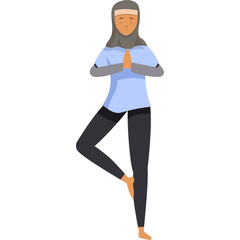 Young woman wearing a light blue t-shirt and dark grey leggings performs a yoga tree pose with hands pressed together in a prayer position on a white background