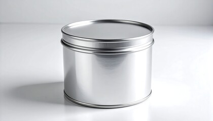 A plain, cylindrical, unbranded, metal tin with a matching lid sits on a bright white surface, creating a clean shot