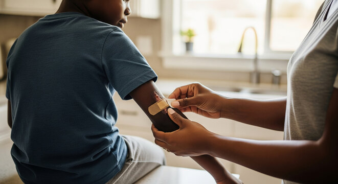 Nurturing parent carefully attends to her child's minor arm injury, diligently performing essential first aid and providing effective wound care by applying a soothing adhesive bandage in a warm