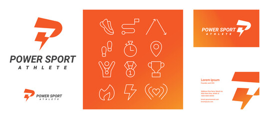 PS, SP initial letter and lightning bolt logo design for energy and sport company, with branding visual of business card and icon set simple flat modern style
