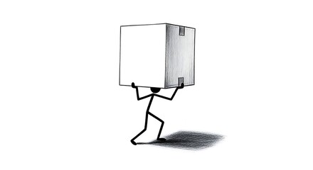 Minimalist Stick Figure Carrying Oversized White Box, Burden, Effort, and Delivery Concept.