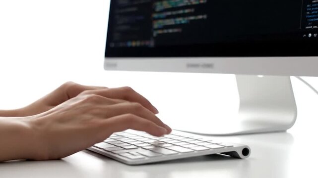 Hands typing on a keyboard, screen with code, bright white background