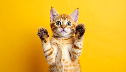 Obraz premium A ginger tabby kitten, paws up, with a curious expression, set against a bright yellow backdrop, captivating and playful