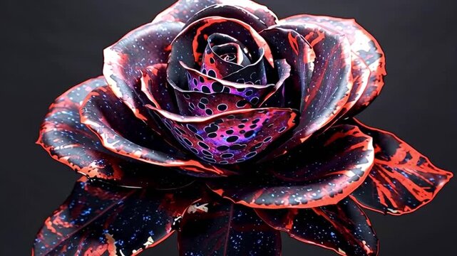 Surreal black rose with red, purple, and blue cosmic patterns slowly opens against a dark background, revealing its intricate petals and creating a mesmerizing, otherworldly botanical display