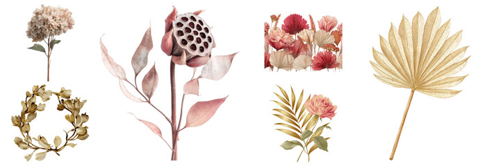 Elegant floral arrangement featuring hydrangea, lotus, roses, dried leaves, and wreath designs for decorative purposes on transparent background.