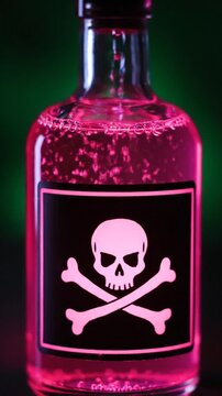 Pink Liquid In Clear Glass Bottle With Skull And Crossbones Label In Dramatic Lighting