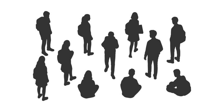 CAD Drawings. Silhouette Set of diverse student standing, sitting isolated on white background. Top, back, front view. Vector illustration.