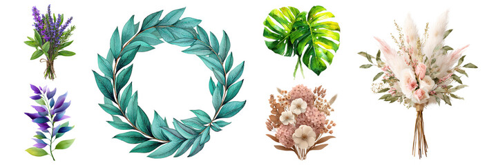 Collection of diverse floral elements, including lavender, laurel wreath, monstera leaf, and bouquets arranged beautifully on transparent background.