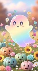 Pastel Ghosts Garden - A Kawaii Halloween Scene with Smiling Pumpkins.