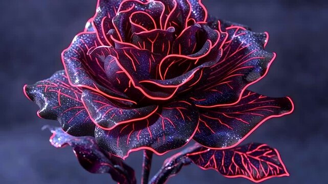 Black rose with glowing red neon lines on its petals and leaves slowly blooming against a dark, foggy background. This mesmerizing, glittery flower represents a magical and surreal beauty