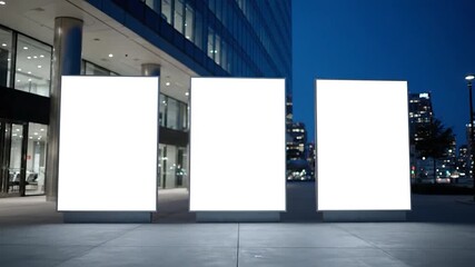 Three glowing blank illuminated sign boards sit outside a modern building at dusk, city in background