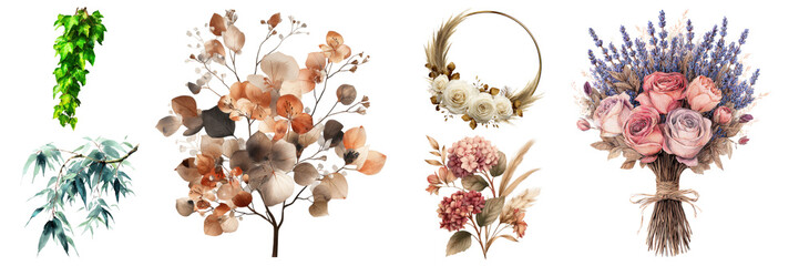 Collection of elegant floral arrangements featuring roses, lavender, hydrangea and leafy foliage, artistic botanical elements on transparent background