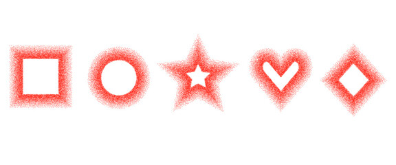 Chili pepper grainy noise geometric shapes set. Dotwork paprika textured red frame elements. Rectangle, heart and circle halftone spicy powder text boxes. Vector gritty stickers. Grunge callouts.