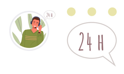 Smiling agent in headset speaking into microphone with speech bubble 24H and decorative dots. Ideal for customer service, tech support, communications, helpdesk, call centers, business, simple flat