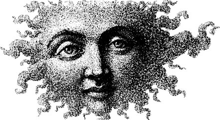 Sun face illustration in black and white. Classic art style with detailed texture and elegant lines in a vector graphic design set.