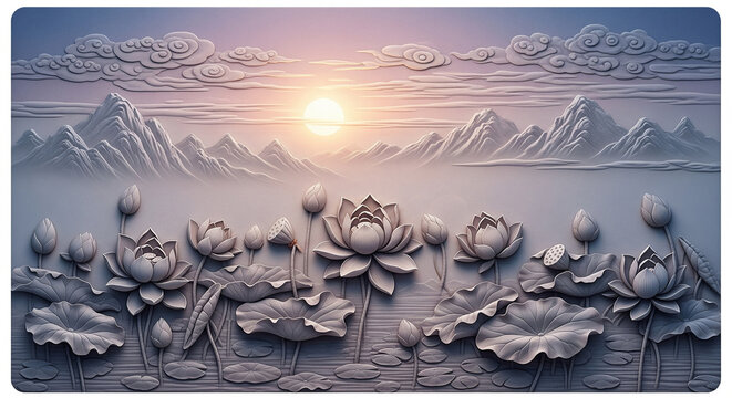 Fototapeta Graceful White Lotus Flowers in a Tranquil Natural Setting - 3D Relief Art. 3D relief wallpaper with Majestic 3D Wall Mural. floral landscapes. 3d floral art, floral wallpaper, Luxurious textile tile 