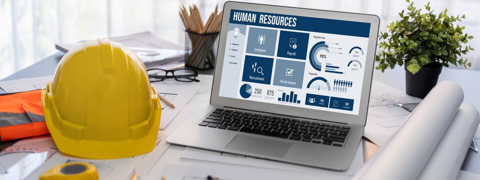 Human resources management software on computer screen helping human resources employee to manage recruitment, payroll, staff searching and KPI evaluation brisk