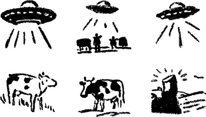 UFO abduction scene with silhouetted cows and farmers. Hand-drawn vector illustration showcasing rural life in a creative set.