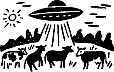 UFOs above cows in a hand-drawn silhouette style. Black outline vector illustration featuring a rural background with the sun and grass.