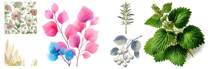 Artistic botanical collection featuring floral elements, pink leaves, and green plants, providing visual texture on transparent background.