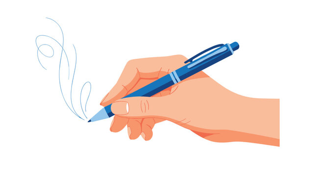 Hand holding a blue pen writing on a white background.