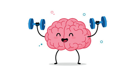 Cartoon Brain Lifting Weights Exercising To Stay Fit And Healthy.