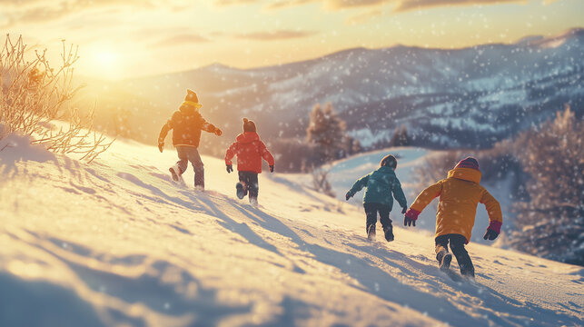 Four children playing in snow on hill during winter sunset