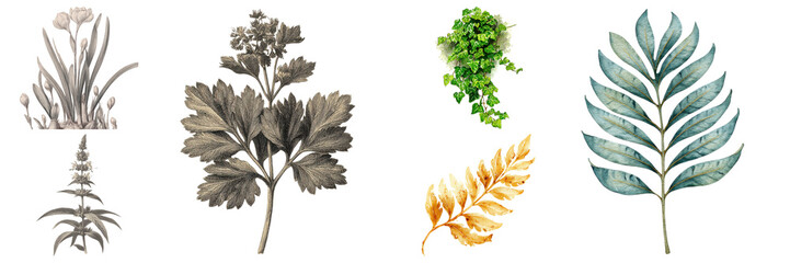 Botanical Variety featuring Engraved, Watercolor and Realistic Style Plants and Foliage Illustrations isolated on transparent background