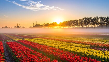 Fog covered landscape in sunrise with tulip fields and windmill in background