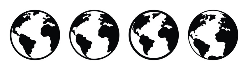 Four globe icons showcasing different landmass views seamlessly arranged in a row sequence